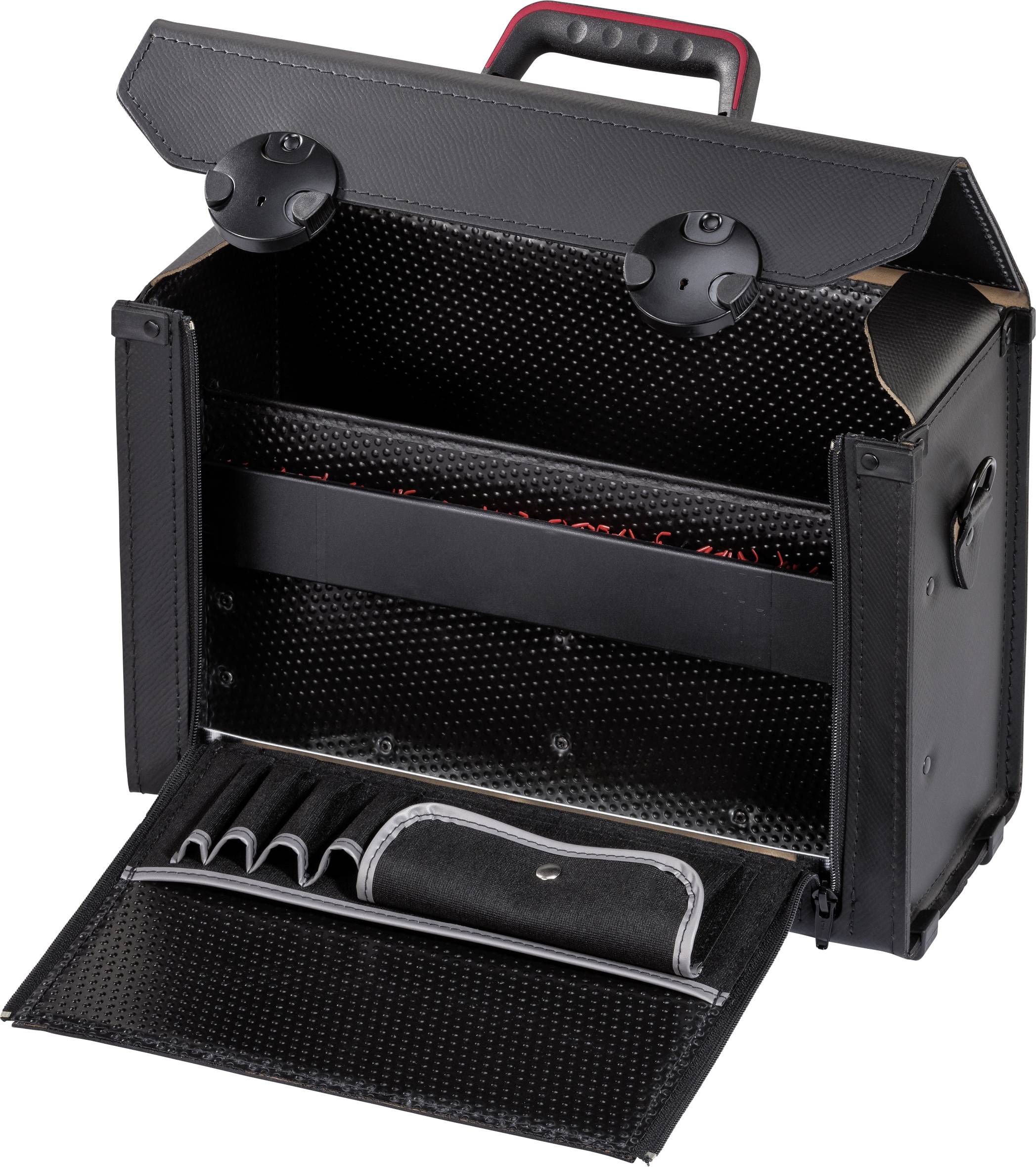 Otevřená černá brašna na nářadí s červeným madlem; uvnitř viditelné kapsy a přihrádky pro uložení nářadí.
