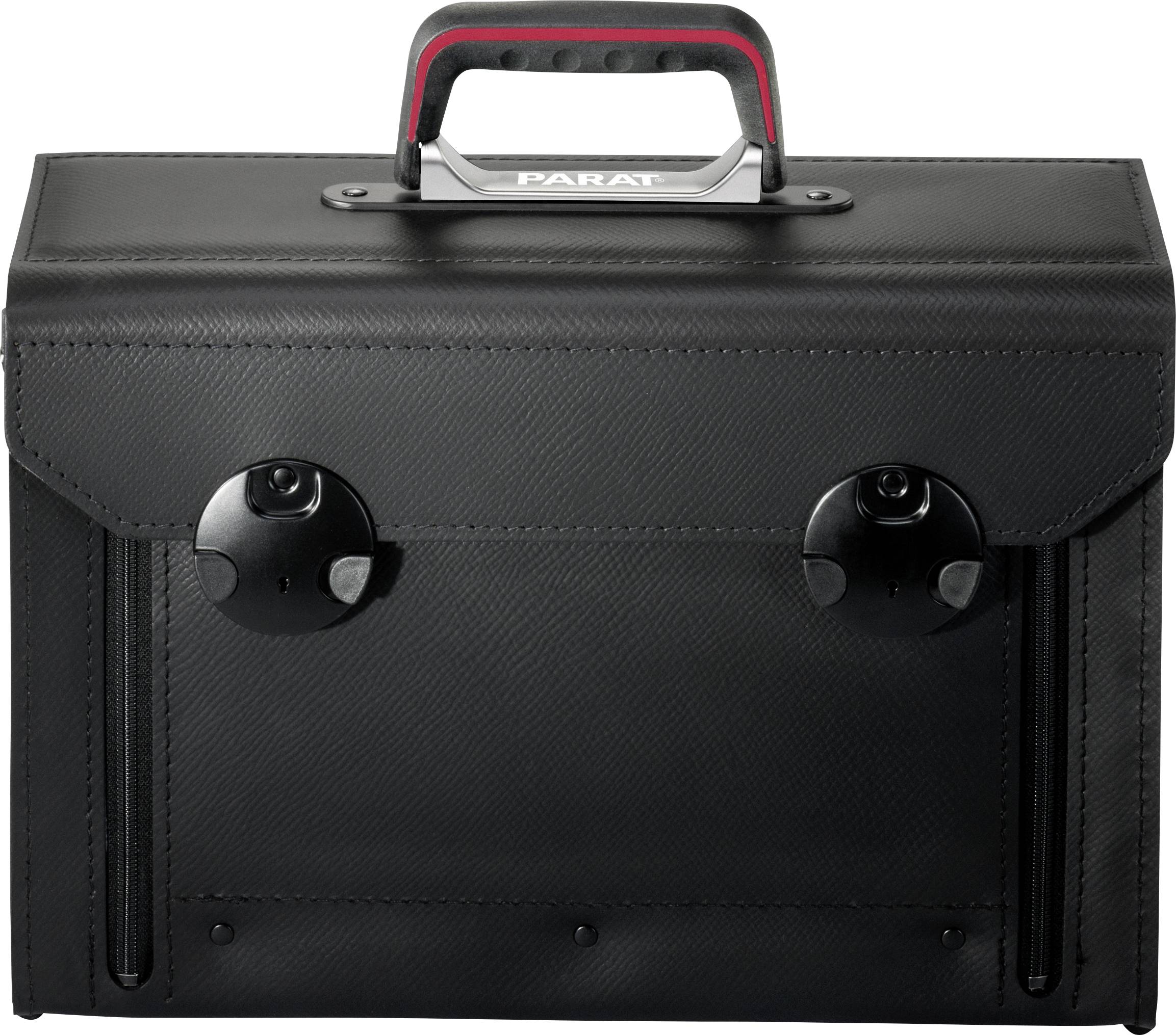 Černá brašna na nářadí s pevnou rukojetí a dvěma zámky, vhodná pro bezpečné uložení nářadí.