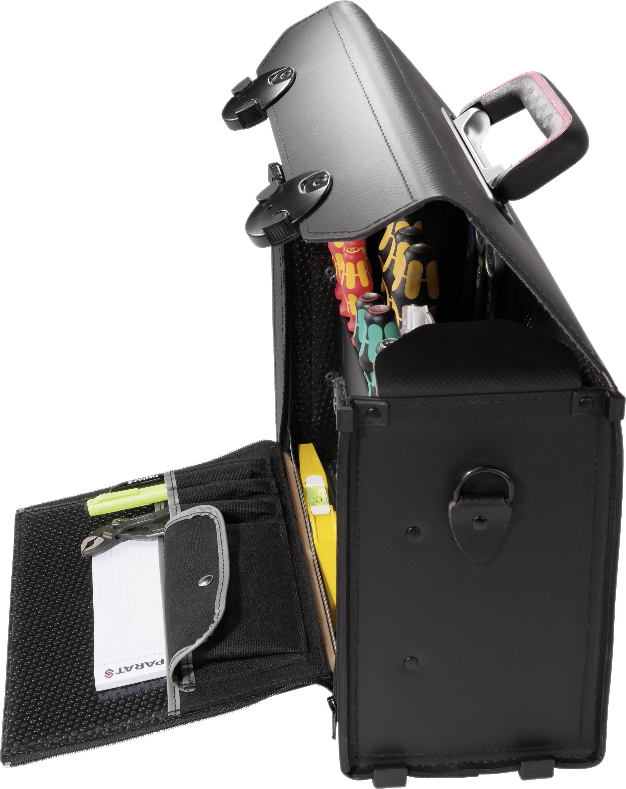 Otevřený černý kufřík s nářadím s různými nástroji, včetně šroubováků a kleští, viditelných uvnitř.