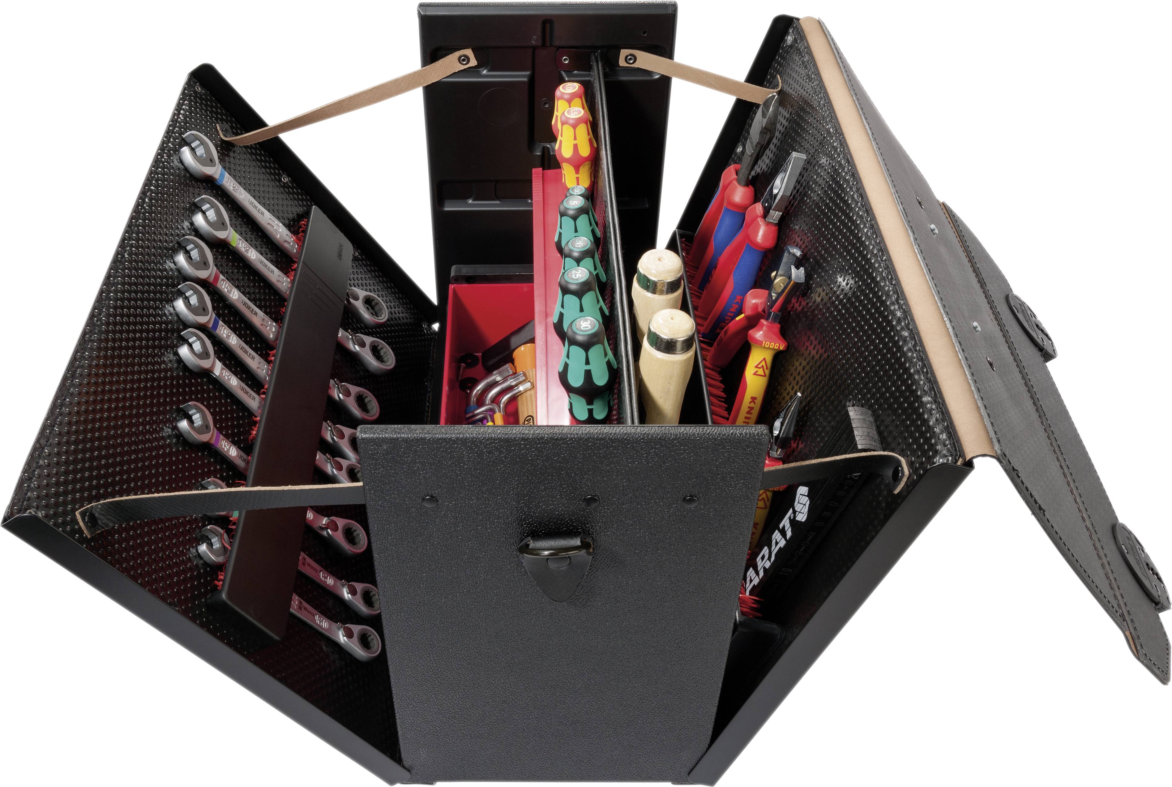 Otevřený kufřík s nářadím obsahující různé ruční nástroje, jako jsou klíče, šroubováky a kleště, pečlivě uspořádané.