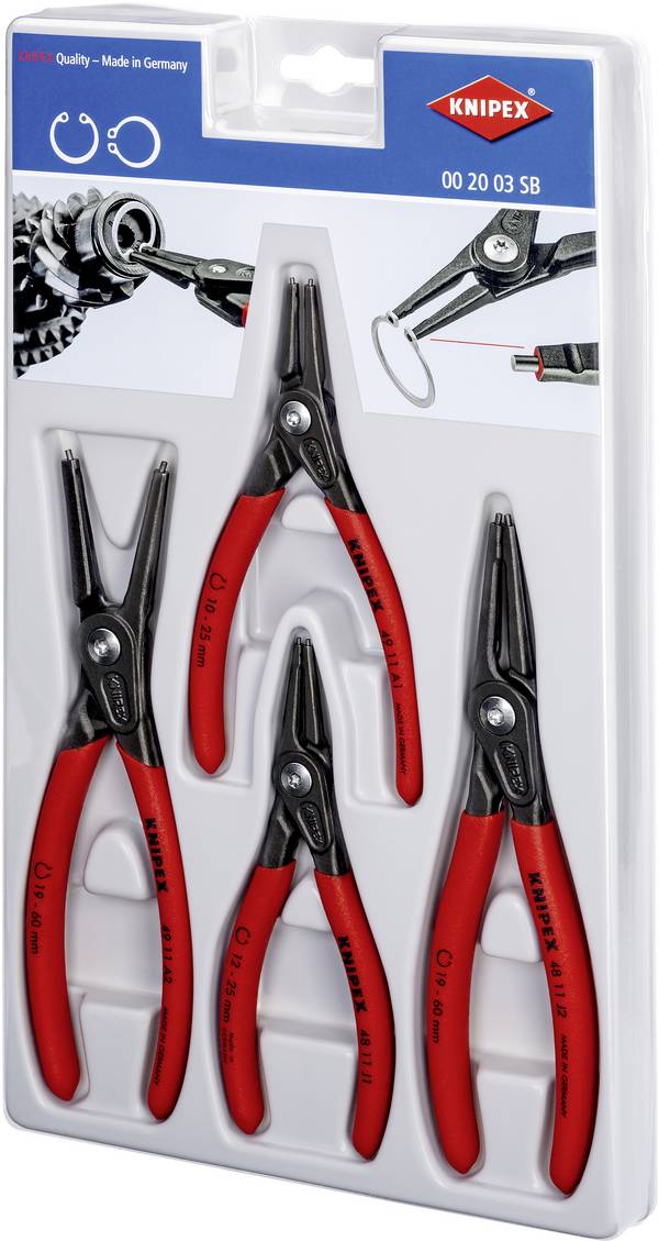 Knipex 00 20 03 SB kleště na pojistné kroužky, sada Vhodné pro (kleště na pojistné kroužky) vnější a vnitřní kroužky 12-25 mm, 19-60 mm 10-25 mm, 19-60 mm Tvar hrotu rovný