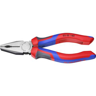 Ploché kleště s červenou a modrou rukojetí, model 'KNIPEX 03 02 160'. Vhodné pro uchopení a stříhání drátů.