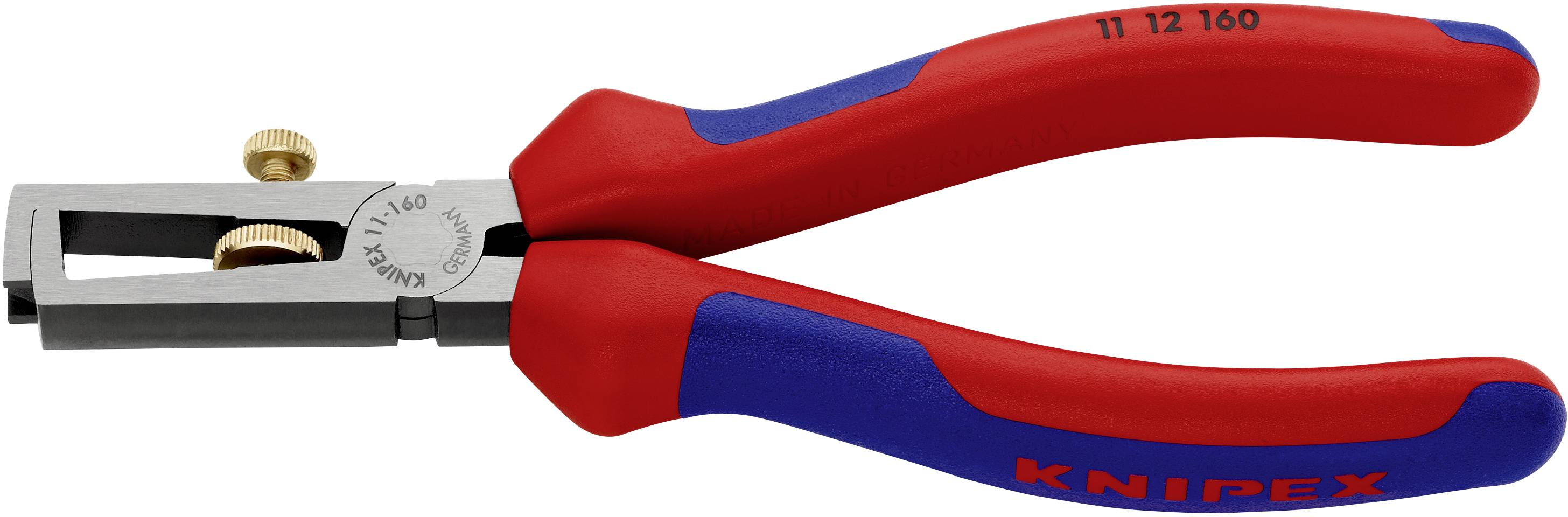 Červené a modré odizolovací kleště značky KNIPEX s nastavitelným šroubem, používané k odizolování kabelů.
