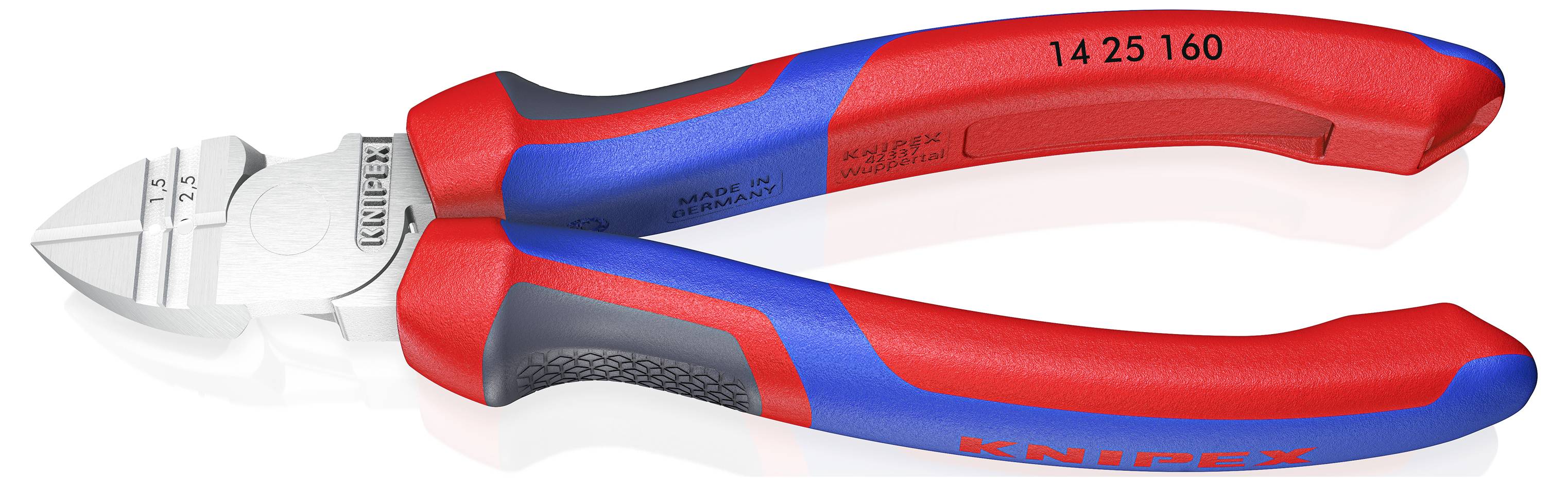 Červené a modré boční štípací kleště s nápisem 'Knipex' a '14 25 160', vhodné pro stříhání drátů nebo kabelů.