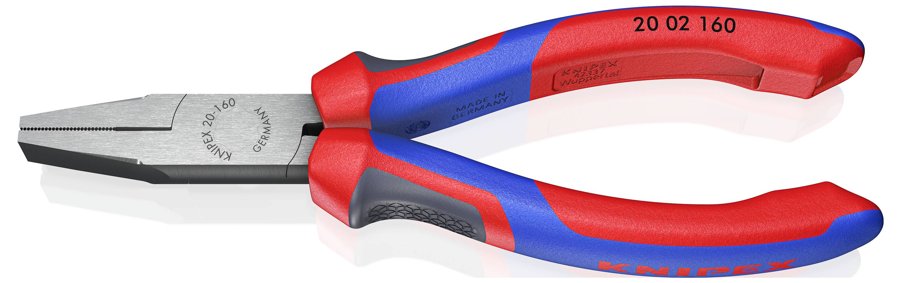 Kleště Knipex s červenou a modrou rukojetí s číslem '20 02 160' na rameni.
