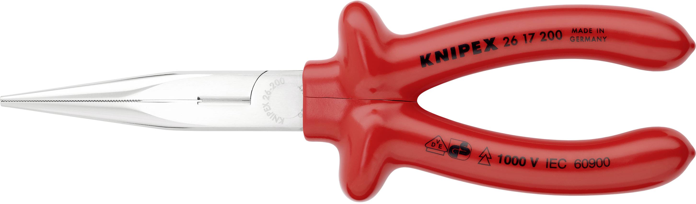 Kleště KNIPEX s plochými kulatými čelistmi a dlouhou, špičatou špičkou s izolovanými rukojeťmi. Ideální pro jemné práce a použití v elektrotechnice.