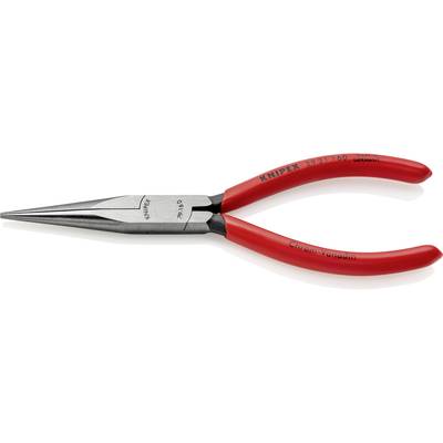 Ploché kulaté kleště s dlouhými čelistmi a červenými rukojeťmi, značka 'KNIPEX'. Vhodné pro přesnéuchopení a stříhání v těsných prostorech.