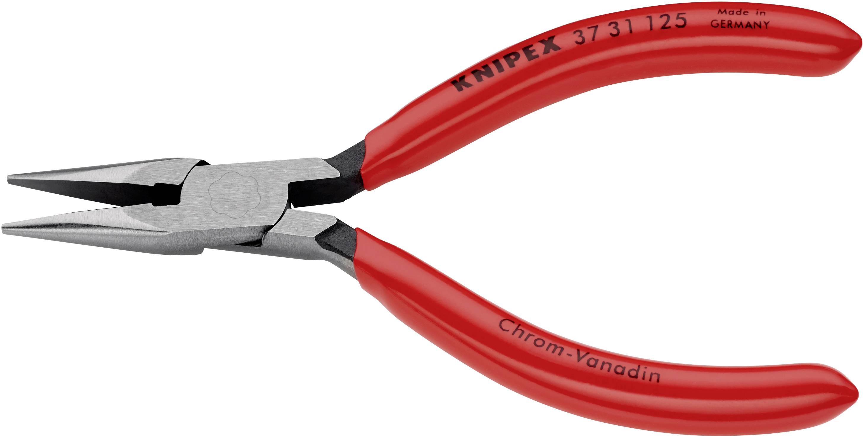 Červené kleště, model "Knipex 37 31 125", vyrobené z chromvanadové oceli, s nápisem 'Made in Germany'.