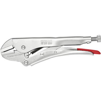 Stříbrné kleště s červeným akcentem na rukojeti na bílém pozadí. Viditelný šroubový mechanismus a firemní potisk KNIPEX.
