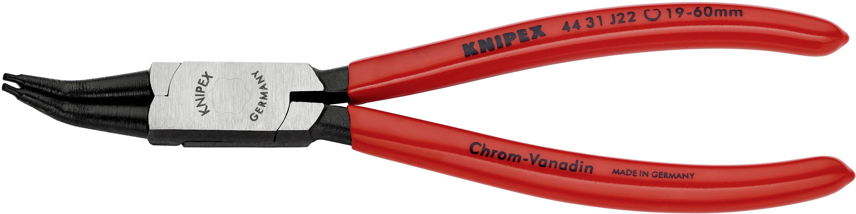 Červené KNIPEX kleště na pojistné kroužky s černými hroty. Vhodné pro kroužky o průměru 19 až 60 mm. Text: 'KNIPEX', 'CHROM-VANADIUM, VYROBENO V NĚMECKU'.