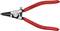 Červené kleště na pojistné kroužky Knipex, vhodné pro průměry 1,5 až 4 mm, s chromvanadiovým povrchem a šroubovou pružinou.