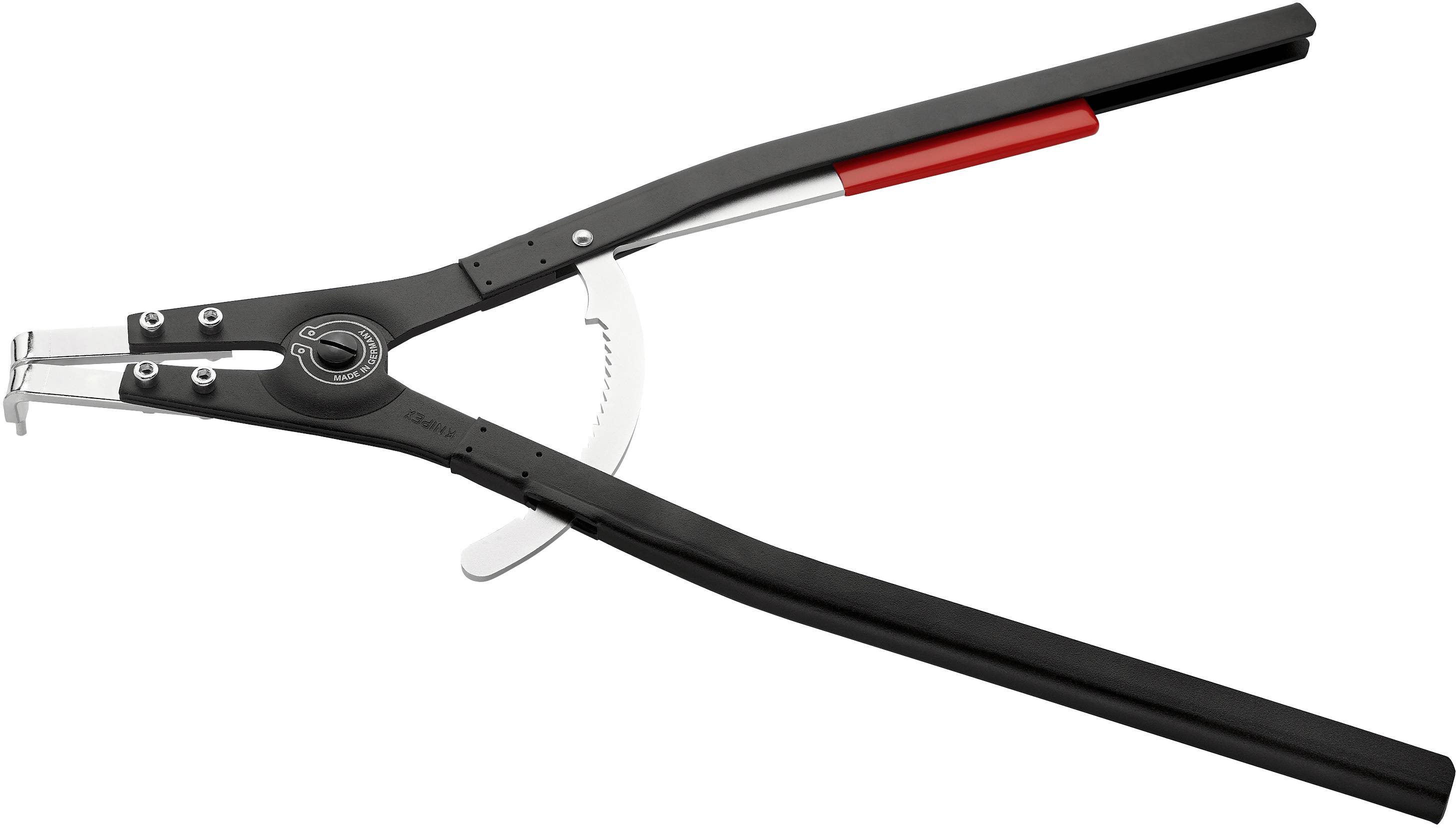 Černé kleště s dlouhými rukojeťmi a červeným vložením, vhodné prouchopení a držení objektů.