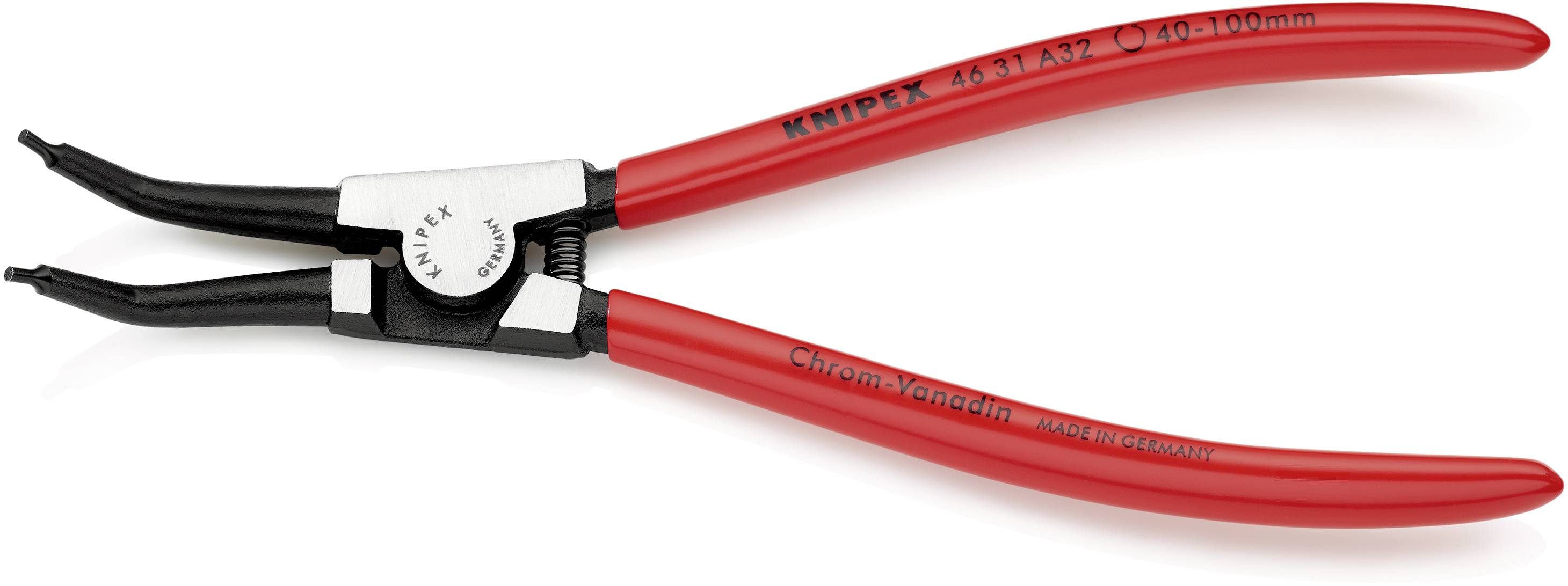 Červené kleště Knipex na pojistné kroužky s zahnutými hroty, vhodné pro práci s vnějšími pojistnými kroužky. Číslo modelu vyraženo na rukojeti.