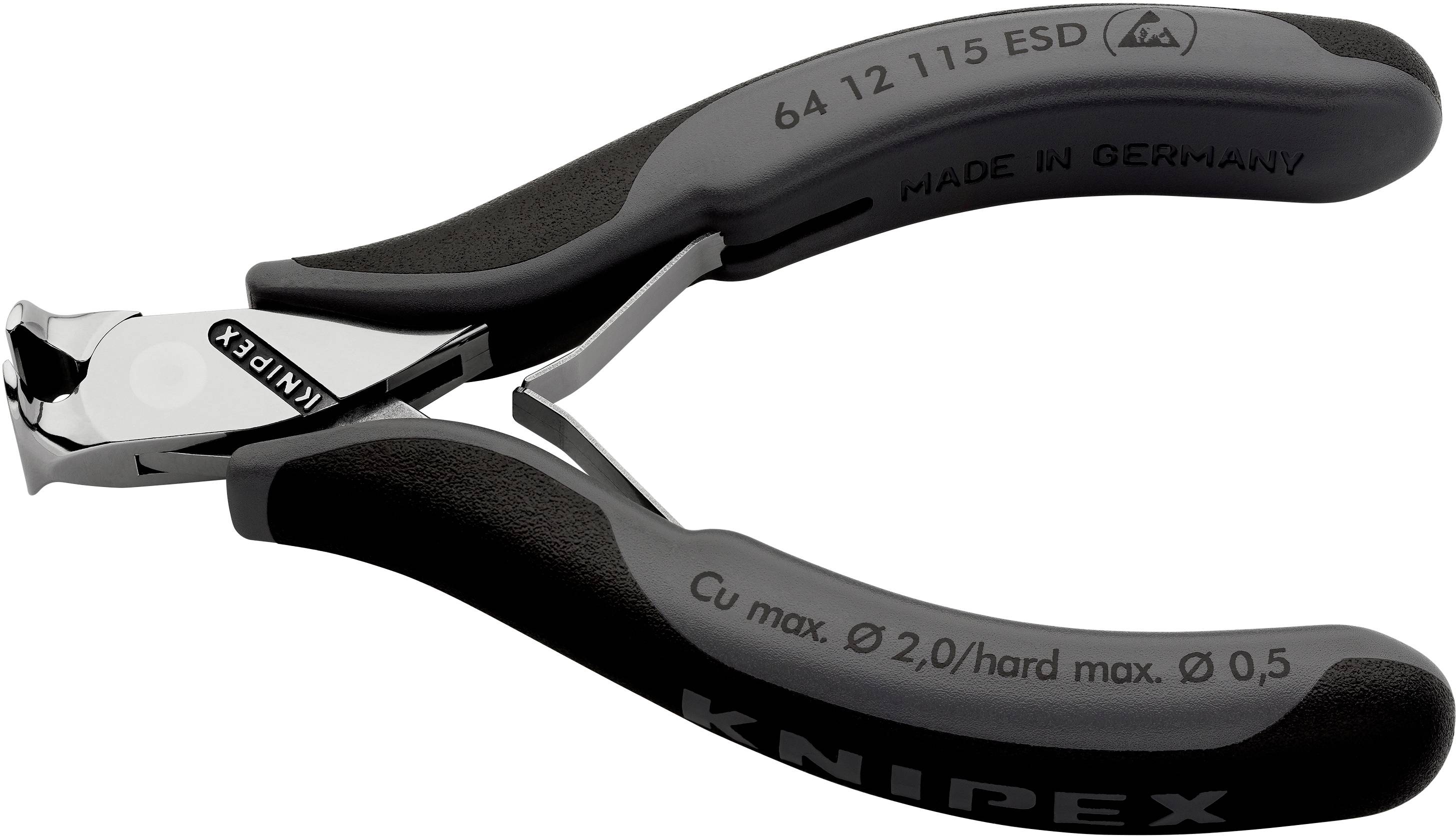 Černé štípací kleště s nápisem 'KNIPEX', vhodné pro řezání měděného drátu do 2,0 mm a tvrdého drátu do 0,5 mm.