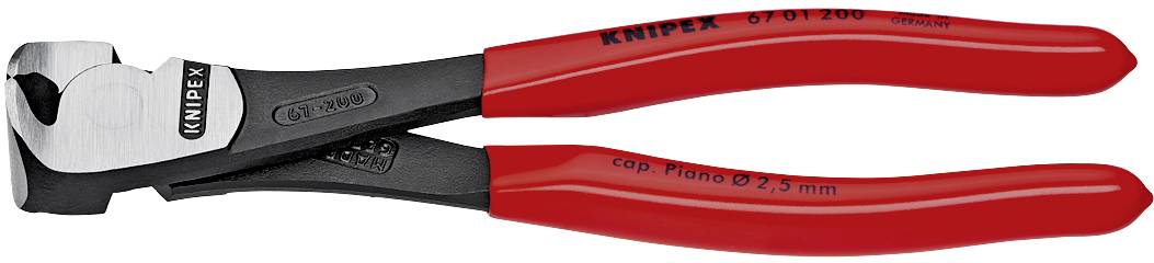Kleště s červenou rukojetí a černou hlavou, označené nápisem 'Knipex'. Vhodné pro stříhání drátů nebo podobného materiálu.