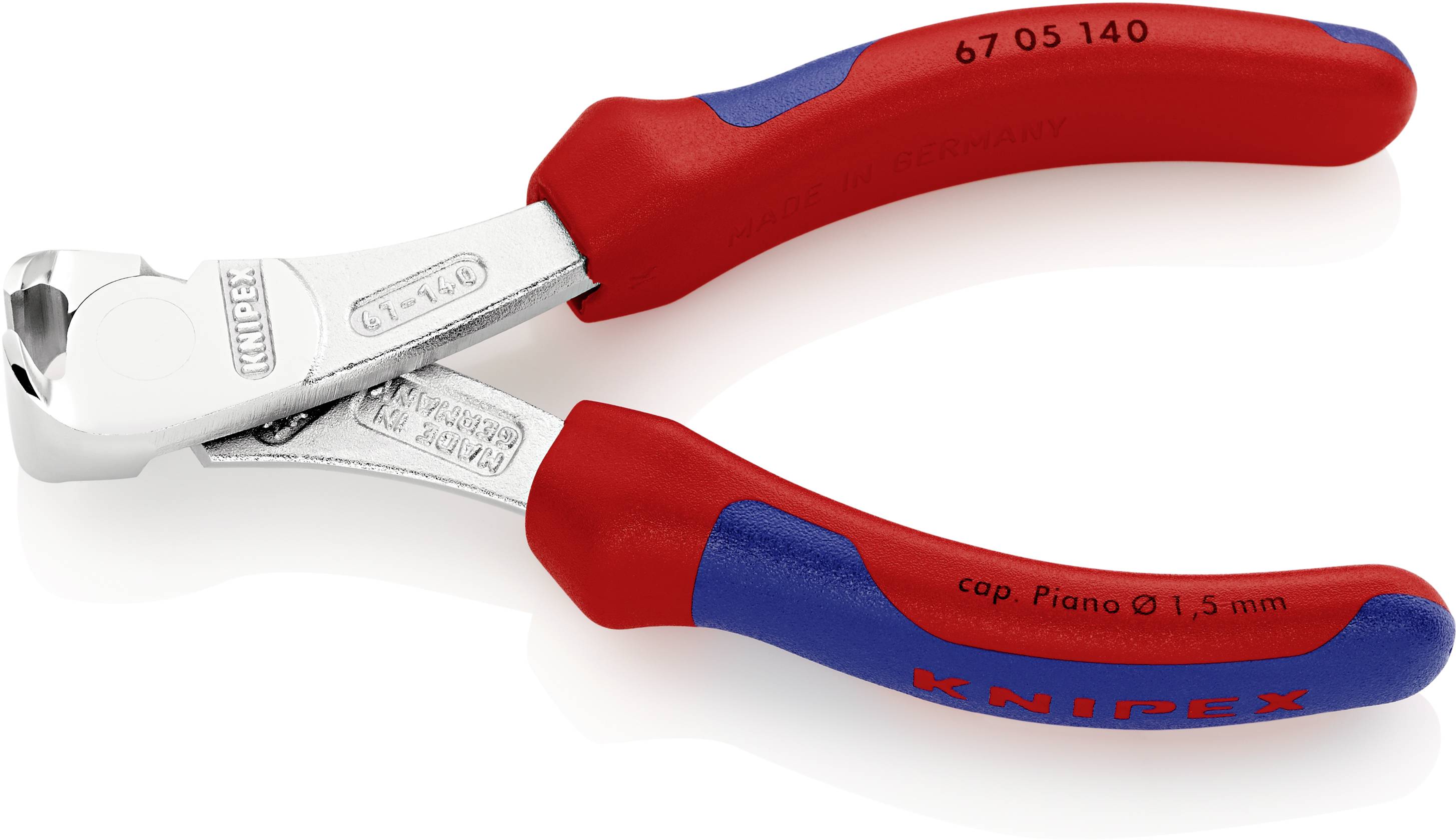 Kleště červené a modré barvy značky Knipex, vhodné pro řezání klavírního drátu o průměru až 1,5 mm.