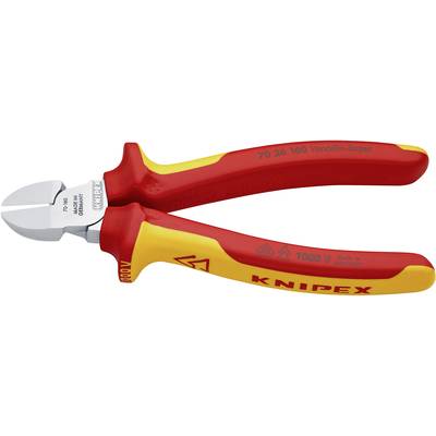 Kleště v červené a žluté barvě, izolované. Nápis 'KNIPEX' na ergonomické rukojeti. Viditelné číslo modelu a bezpečnostní označení.