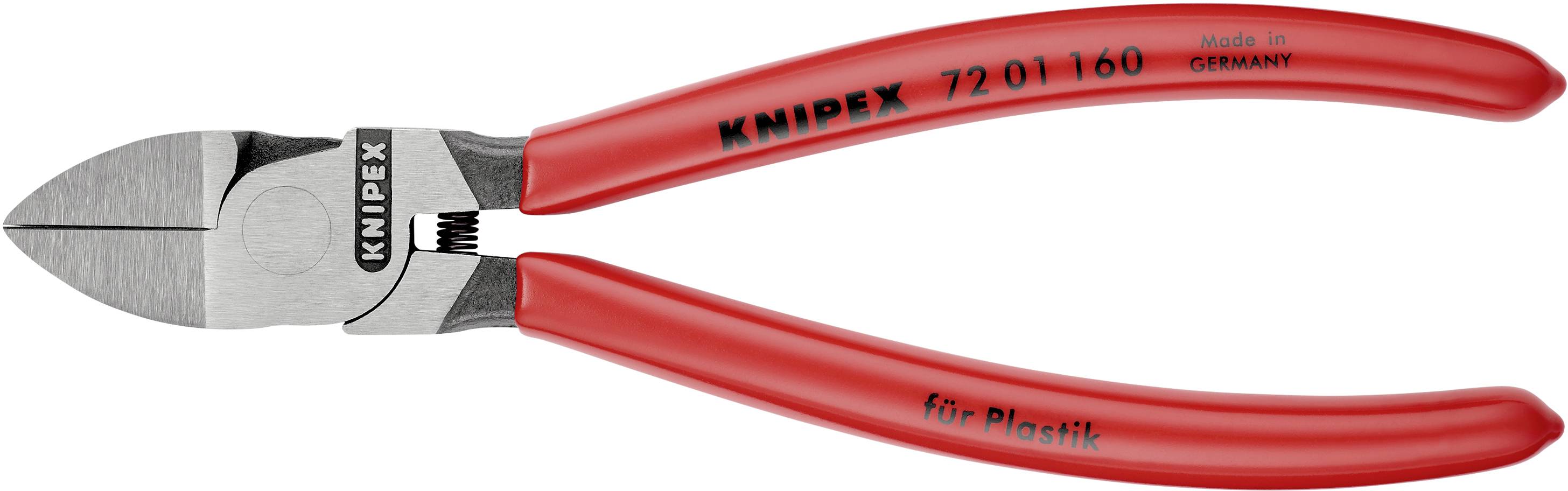 Červené boční štípací kleště Knipex, model '72 01 160', vhodné pro plasty, vyrobené v Německu.
