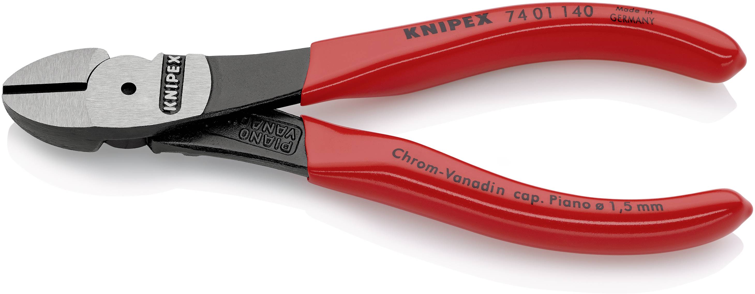 Boční štípací kleště s červenými rukojeti, značka KNIPEX, číslo 7401140. Vhodné pro řezání drátu do tloušťky 1,5 mm.