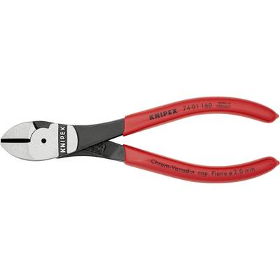Kleště s červenými rukojeťmi a černým hlavním prvkem, s vytištěným nápisem 'KNIPEX' a modelovým číslem. Vhodné pro řezání drátů do průměru 2,0 mm.