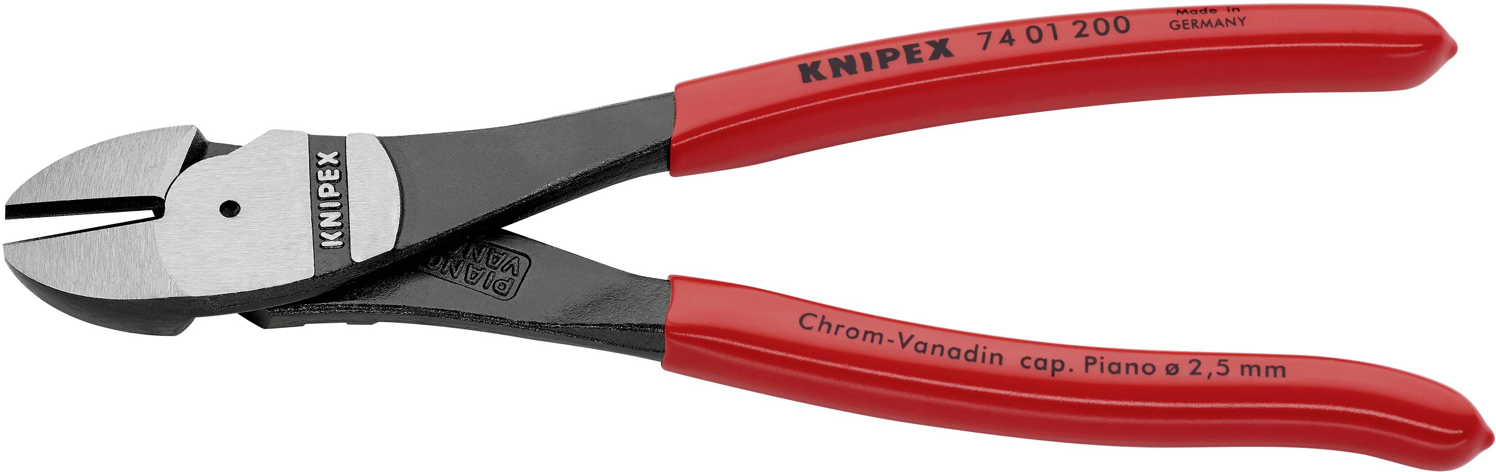 Červené štípací kleště Knipex s ocelovými čelistmi, vhodné pro řezání drátů do 2,5 mm. Označení 'Knipex' na rukojeti.