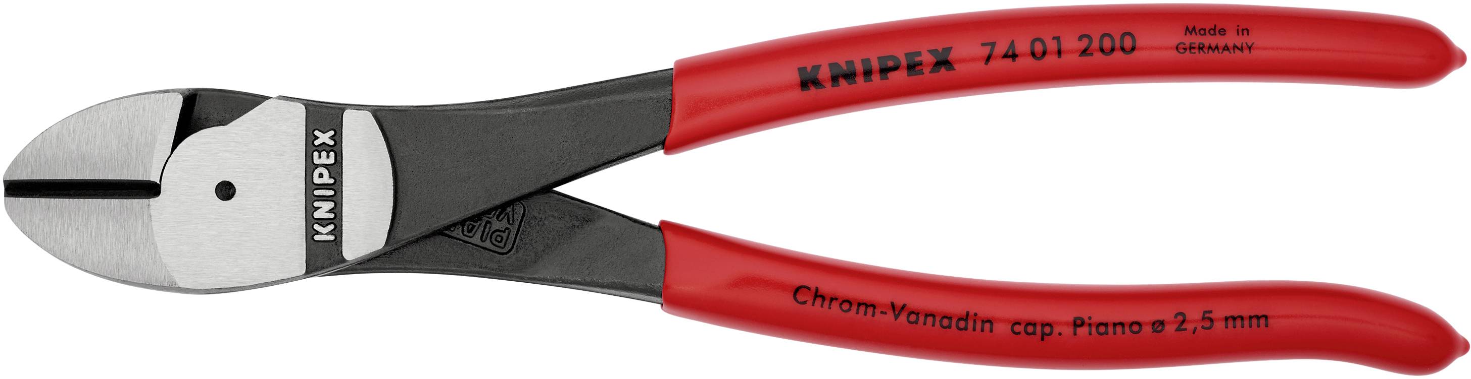 Na obrázku je boční štípací kleště s červenými rukojeťmi, vhodné pro klavírní drát až do průměru 2,5 mm. Nápis: 'KNIPEX 74 01 200'.