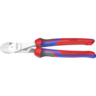 Štípací kleště Knipex s červenou a modrou rukojetí s leštěnými čelistmi z chrom-vanadové oceli, označené číslem modelu '74 05 250'.
