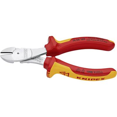 Boční štípací kleště s červenými a žlutými izolovanými rukojeťmi, vhodné pro práci pod napětím do 1000 voltů.