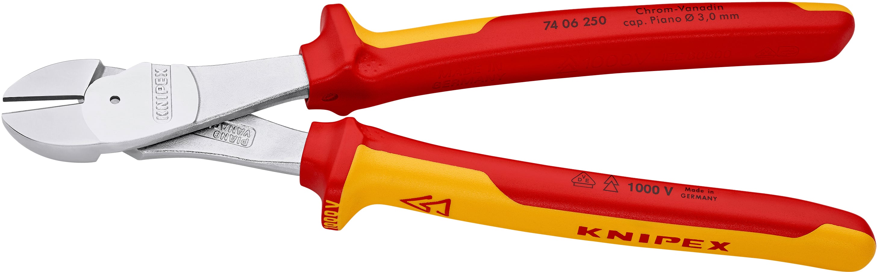 Červené a žluté VDE izolované štípací kleště na kabely. Vhodné pro práce na částech pod napětím až do 1000 V.