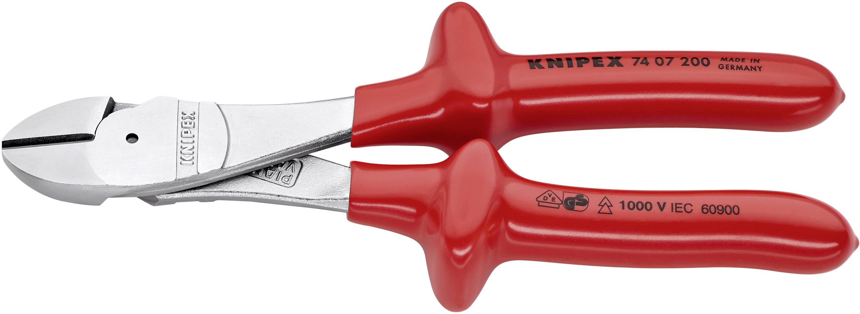 Červené izolované štípací kleště s nápisem 'Knipex 74 07 200, Made in Germany', vhodné pro práce až do 1000 V podle normy IEC 60900.