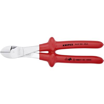 Červené boční štípací kleště Knipex s izolovanými rukojeťmi, vhodné pro práce až do 1000 V. Modely '74 07 250', 'Vyrobeno v Německu'.