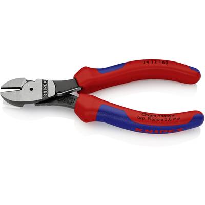 Boční štípací kleště s červeno-modrými rukojeťmi, vhodné pro dráty až do 2,0 mm. Název značky 'Knipex' je viditelný na rukojeti.