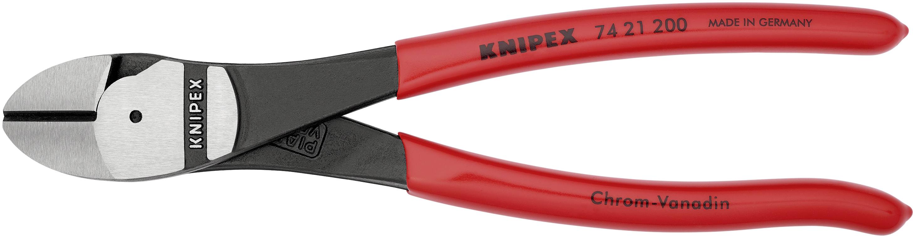 Červené štípací kleště s černou řezací hlavou. Na rukojeti je napsáno 'Knipex 71 21 200', 'Vyrobeno v Německu', 'Chrom-Vanadium'.