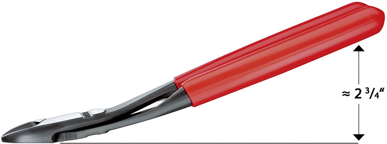 Červené boční štípací kleště s výškou měřidla přibližně 2 3/4 palce zobrazené vpravo vedle.
