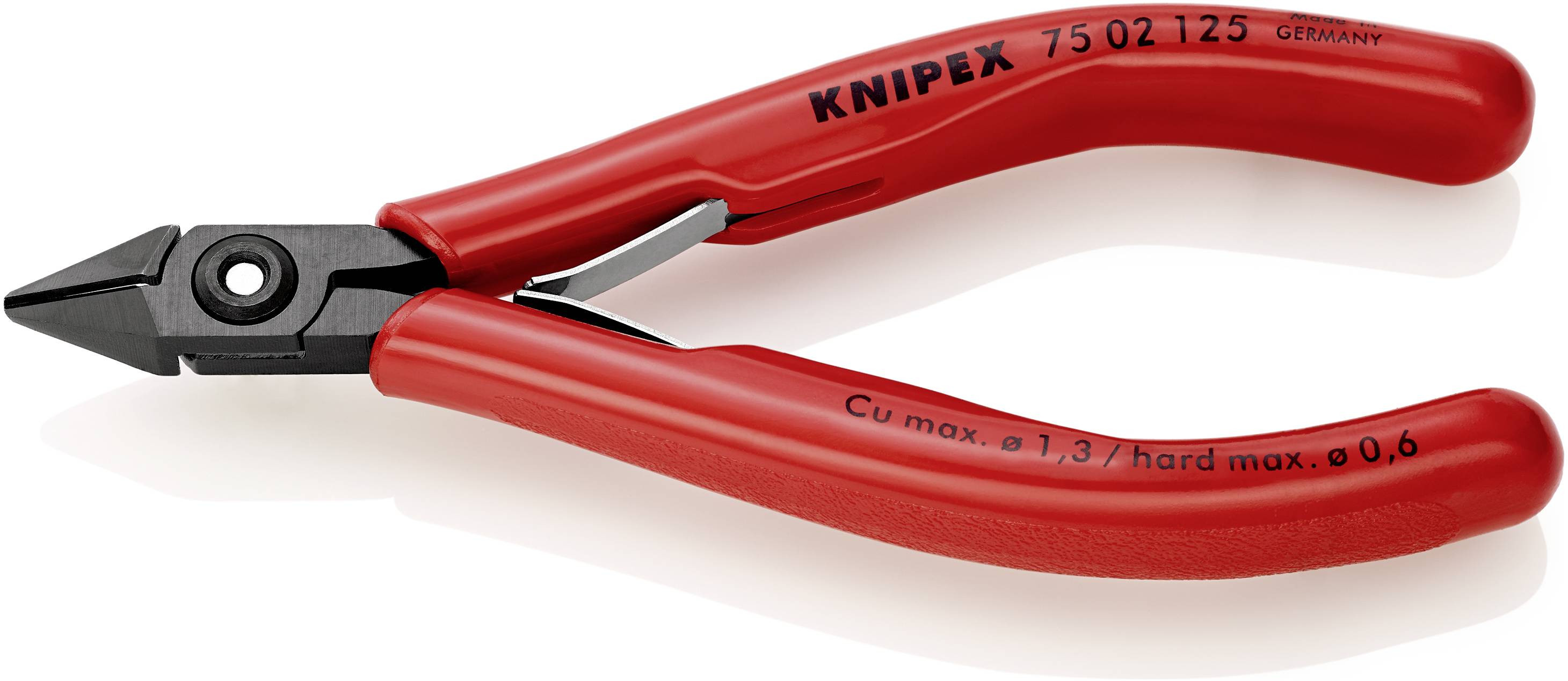 Červené boční štípací kleště Knipex s černou řezací hlavou, vhodné pro řezání mědi do 1,3 mm a tvrdých materiálů do 0,6 mm.
