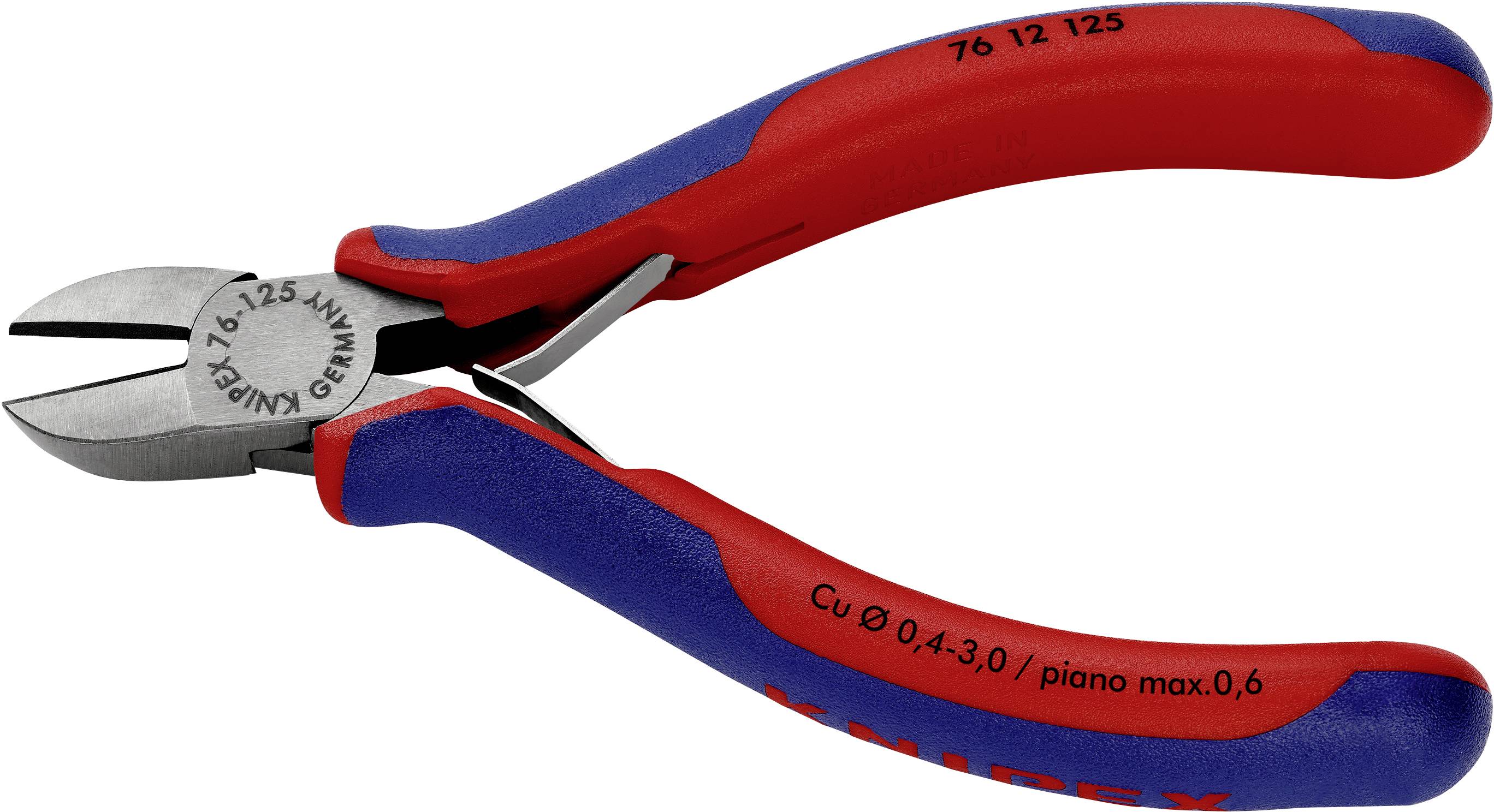 Červené a modré boční štípací kleště. Nápis: '76 12 125', 'Knipex Germany'. Vhodné pro dráty o průměru až 4 mm.