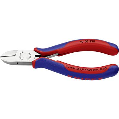 Boční štípací kleště s modro-červenými rukojeťmi. Nápis 'Knipex Germany' a specifikace průměru kabelu.