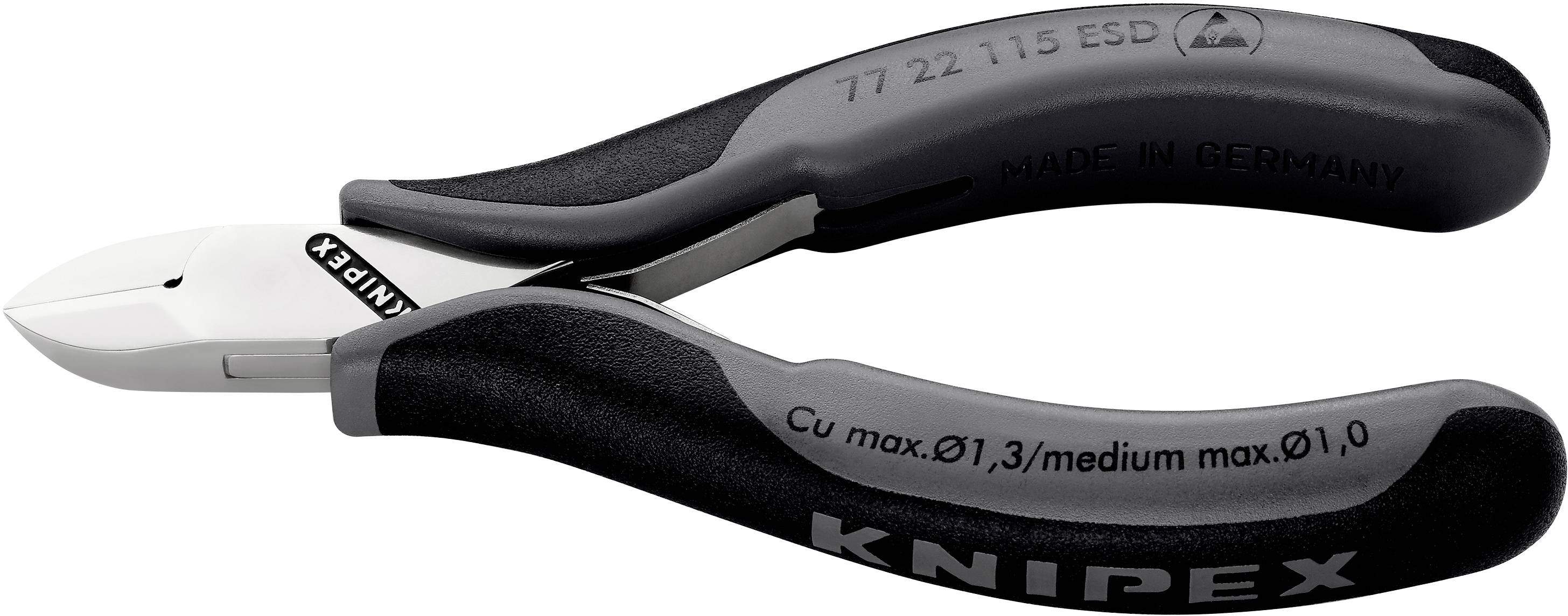 Štípací kleště s černou a šedou rukojetí, s nápisem 'Knipex', vhodné pro přesné stříhání drátů, vyrobené v Německu.