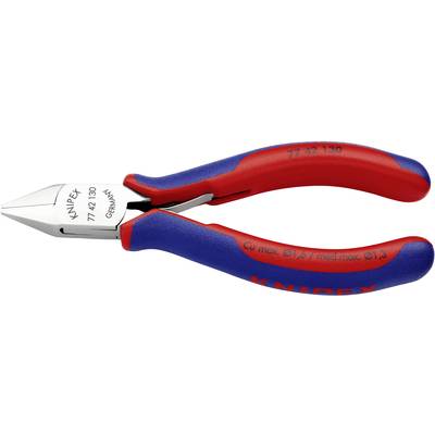 Štípací kleště s červenými a modrými rukojeťmi, logem Knipex a nápisem na ostří. Používané pro řezací práce.