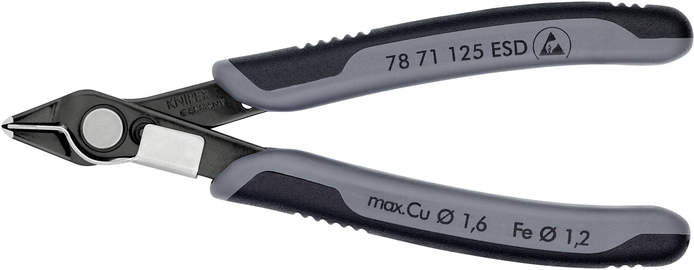 Na obrázku je černé kleště s šedými rukojeťmi, opatřené technickými specifikacemi a firemní značkou.