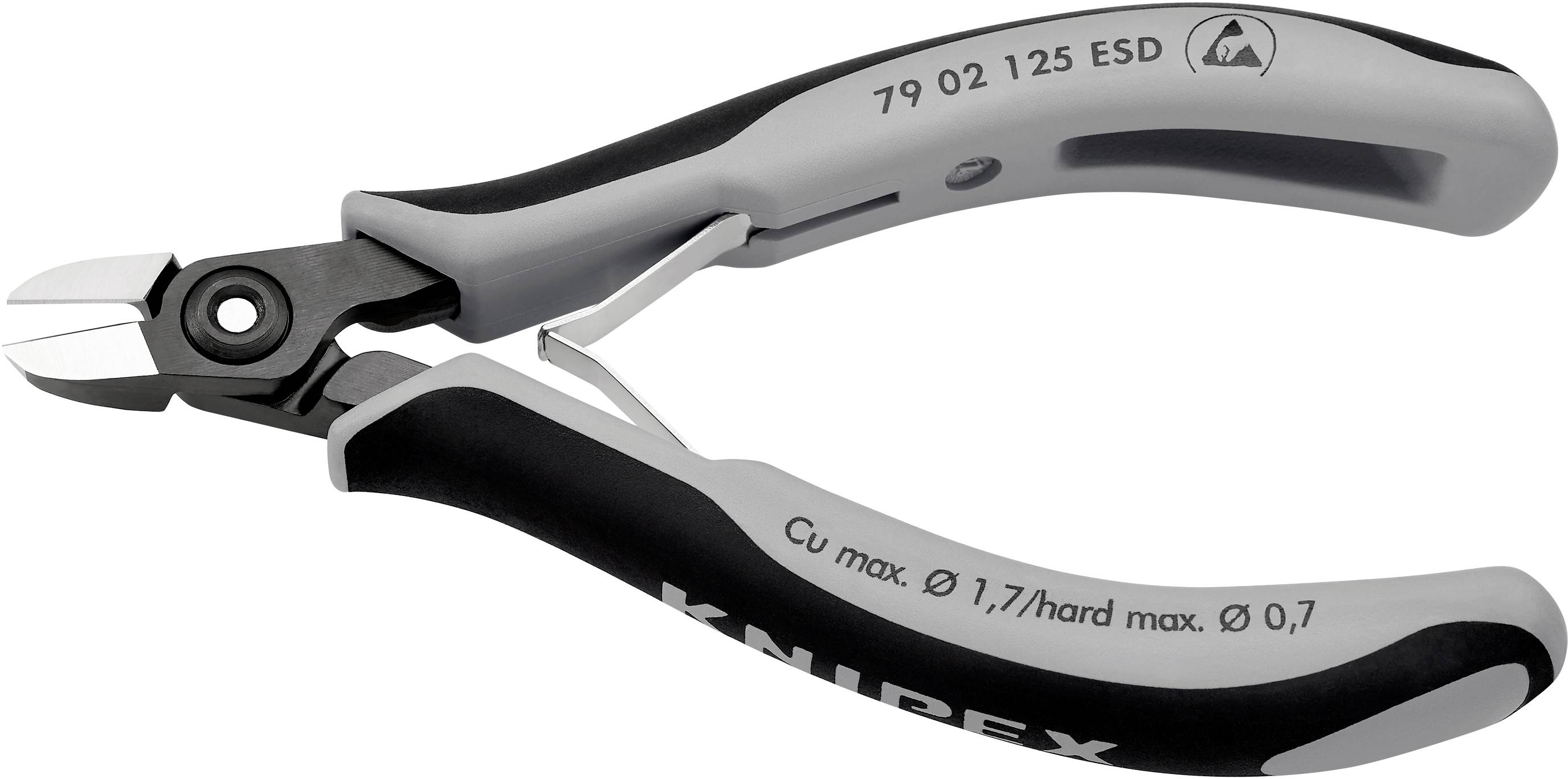 Boční štípací kleště s šedým a černým držadlem, nápis '79 02 125 ESD'. Vhodné pro měděné dráty do 1,7 mm/tvrdé dráty do 0,7 mm.