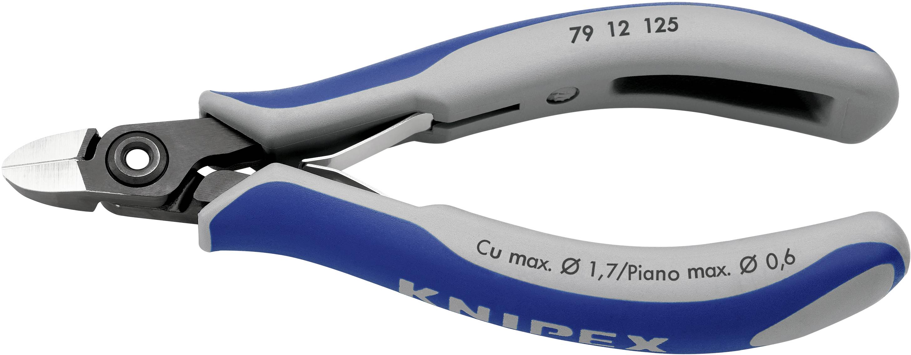 Modrý a šedý boční štípací kleště, vhodné pro dráty s maximálním průměrem 1,7 mm, s rozpoznatelnou značkou Knipex.