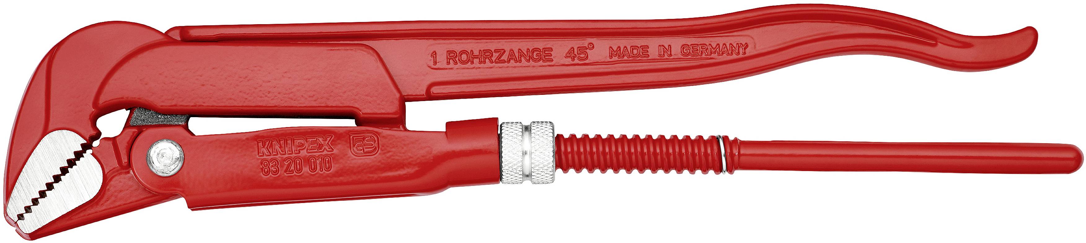 Červené instalatérské kleště před bílým pozadím. Kleště mají robustní design a používají se k uchopení a otáčení trubek.