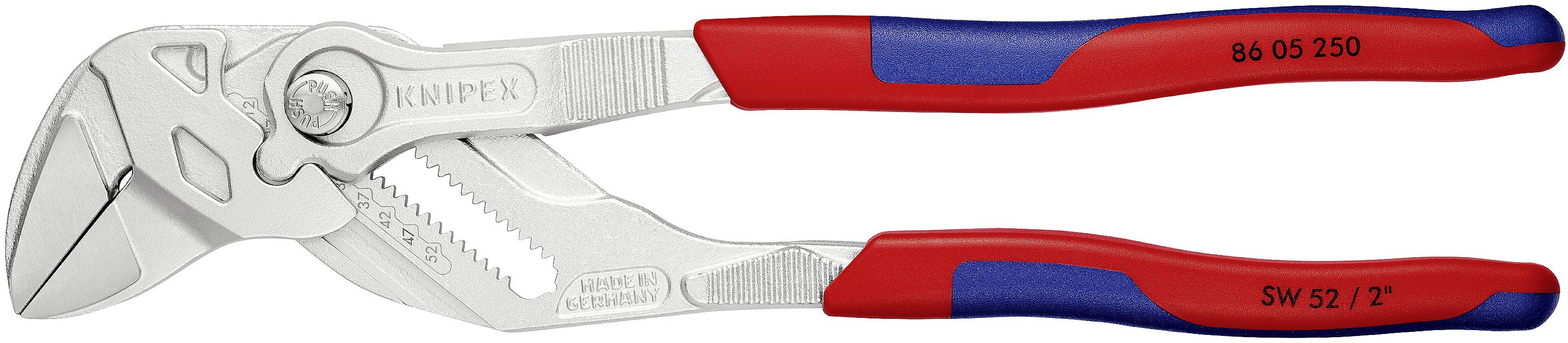 Stříbrné kleště s červeným a modrým držadlem, značka Knipex, modelové číslo na držadle.