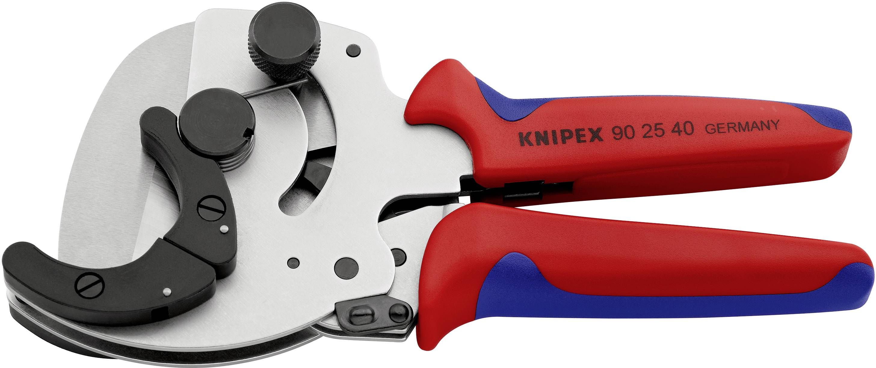 Ruční štípací kleště Knipex s červenými a modrými rukojeťmi, vhodné pro přesné stříhání. Číslo modelu: 90 25 40.