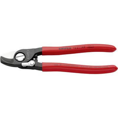 Kabelový řezač Knipex s červenými rukojeťmi, vhodný pro řezání kabelů až do průměru 15 mm a 50 mm², „Vyrobeno v Německu".