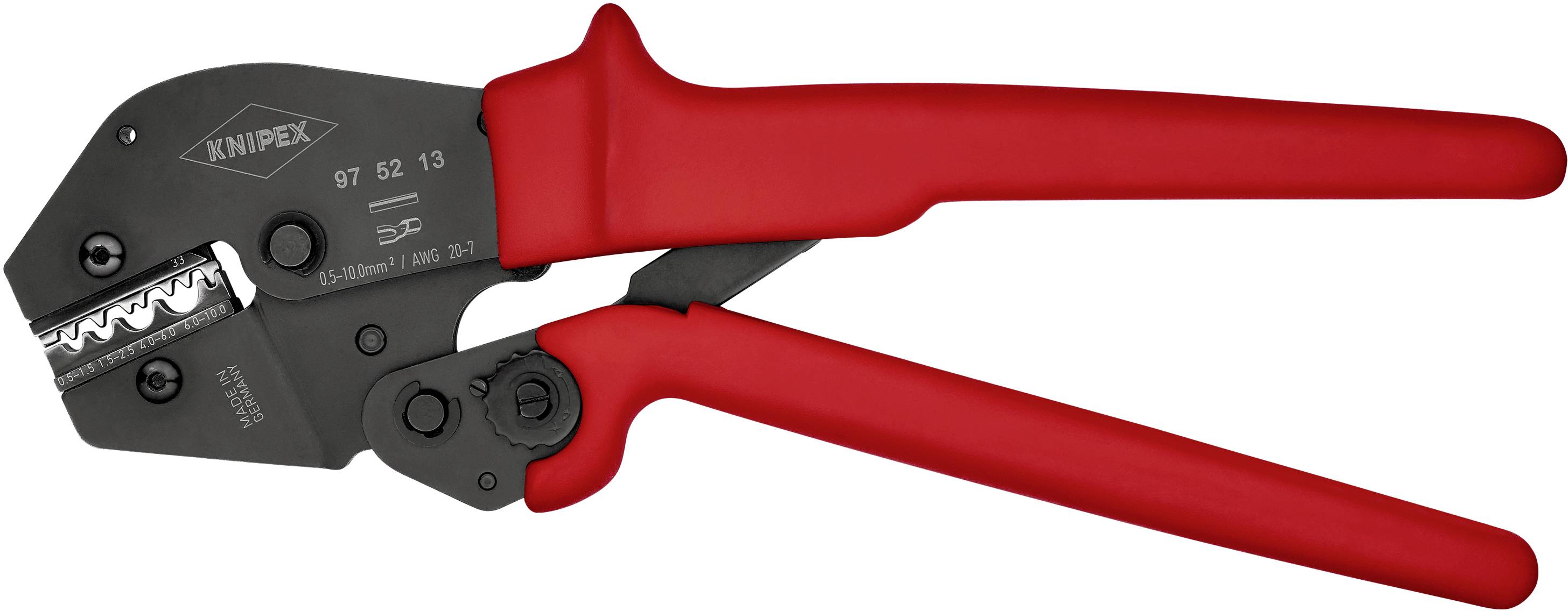 Červené lisovací kleště s černou rukojetí, model 'Knipex 97 52 13', určené pro zpracování kabelových ok a konektorů.