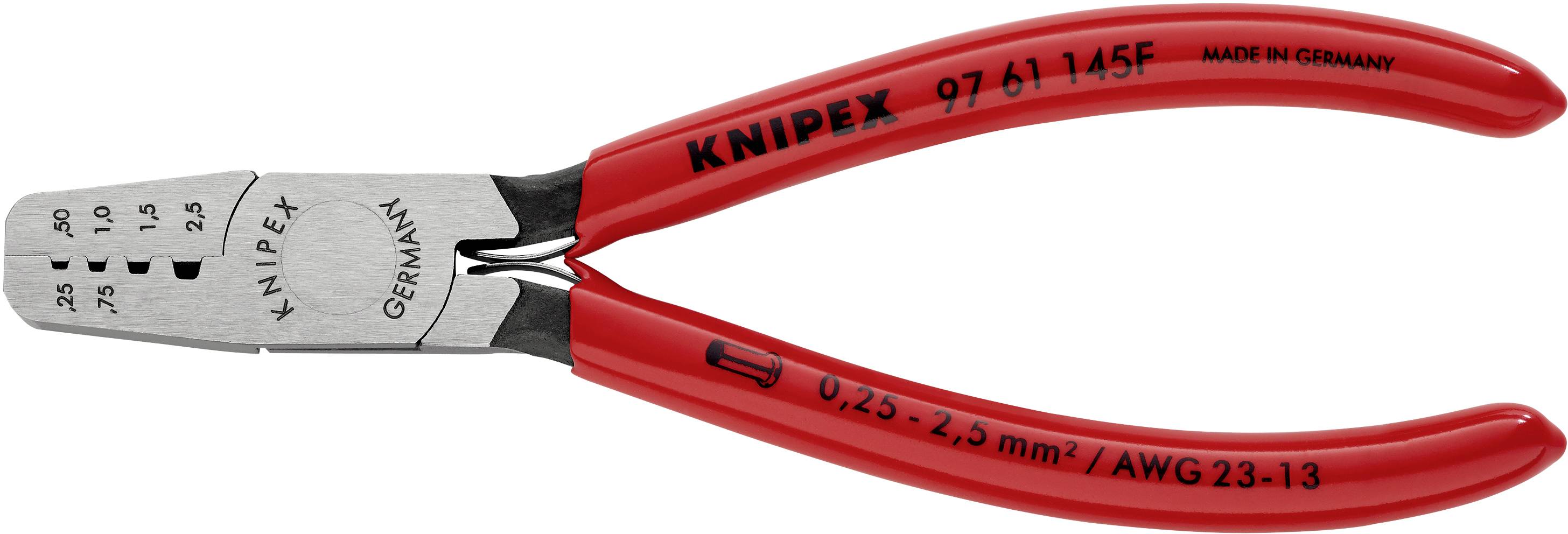 Červené crimp kleště značky Knipex s popisem '0,25 - 2,5 mm² / AWG 23-13' na rukojeti a 'Made in Germany' na nástroji.