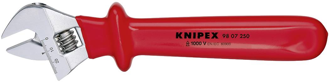 Červený nastavitelný klíč KNIPEX, izolovaný do 1000 V, se stupnicí pro přesné nastavení.