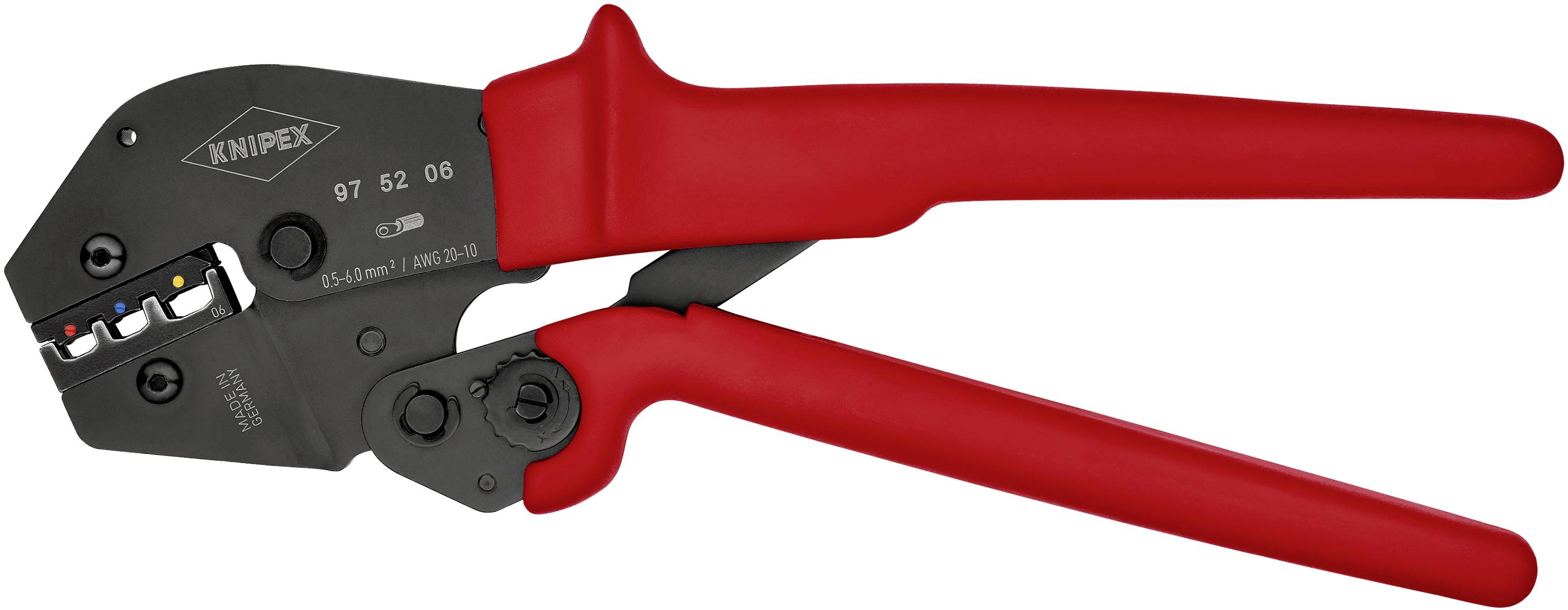Červené krimpovací kleště s černou svorkou, model 'KNIPEX 97 52 06', určené pro kabelové spoje.